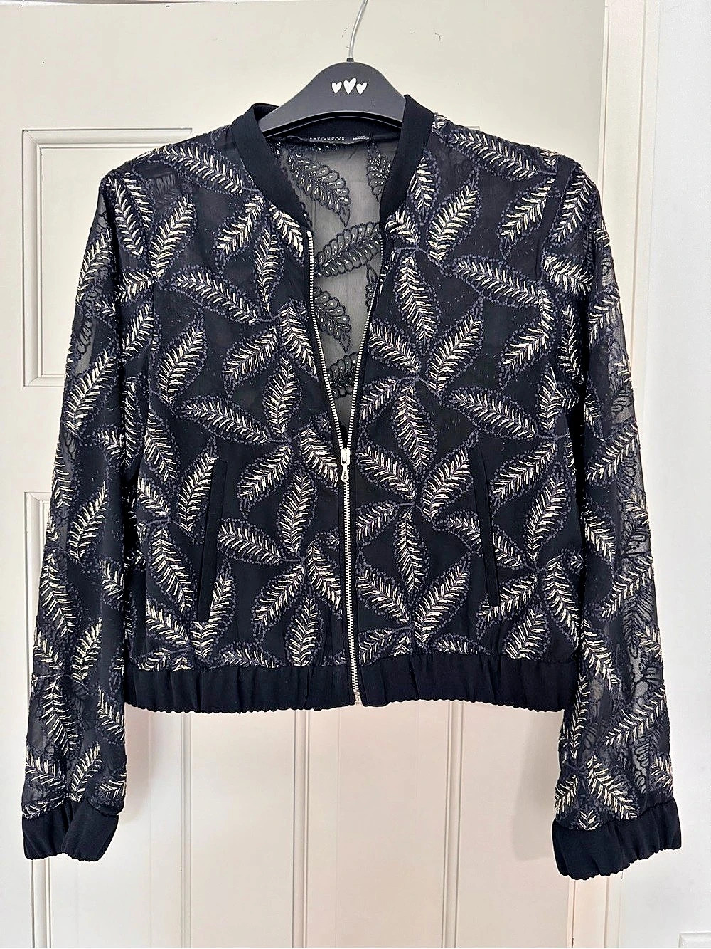 Zara Black Sheer Bomber Jacket with Gold Leaf Embroidery Gold Leaf Embroidery XS